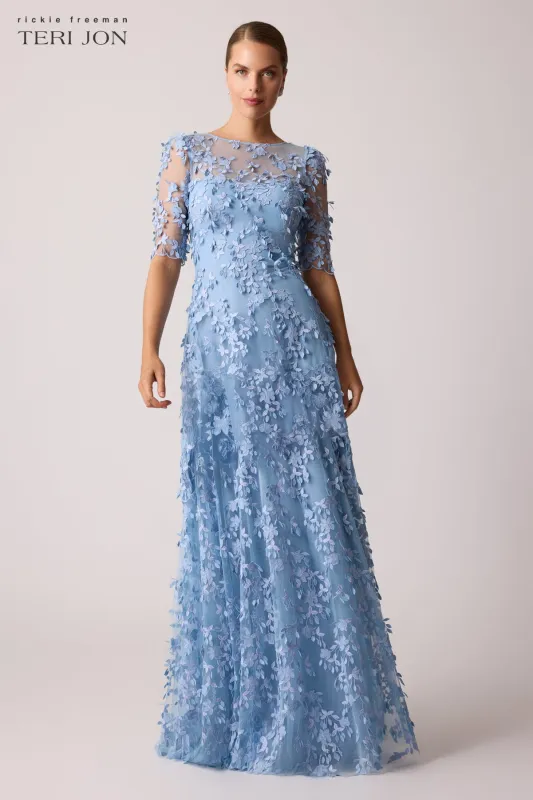 Tulle 3D Petal Elbow Sleeve Gown sold by Teri Jon