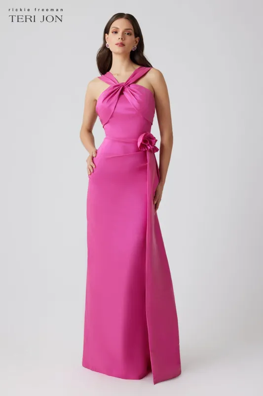 Taffeta Twist Neck Cuff Bust 3D Flower Gown sold by Teri Jon