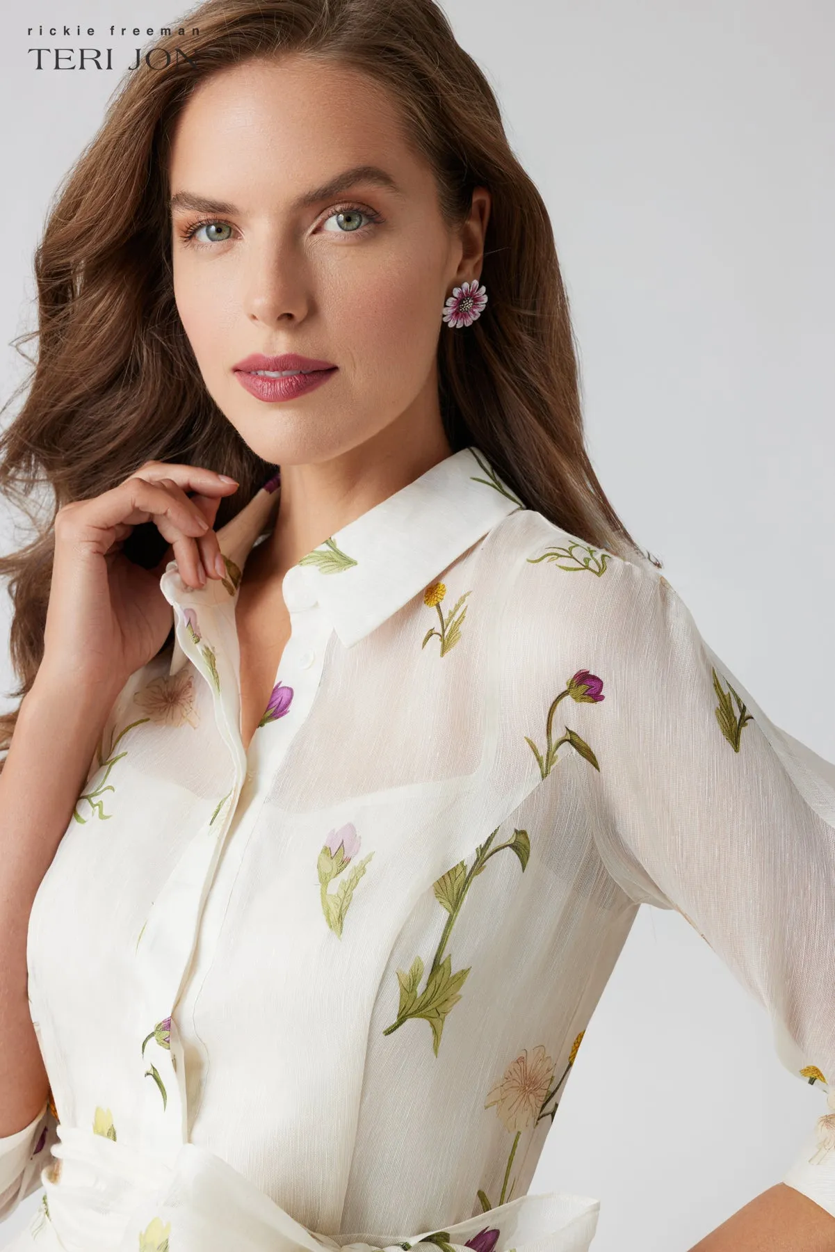 Silk-Linen Floral Border Print Shirtwaist Dress sold by Teri Jon product image thumbnail 4