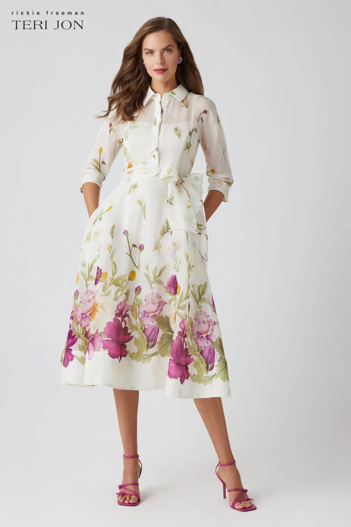 Silk-Linen Floral Border Print Shirtwaist Dress sold by Teri Jon product image thumbnail 2
