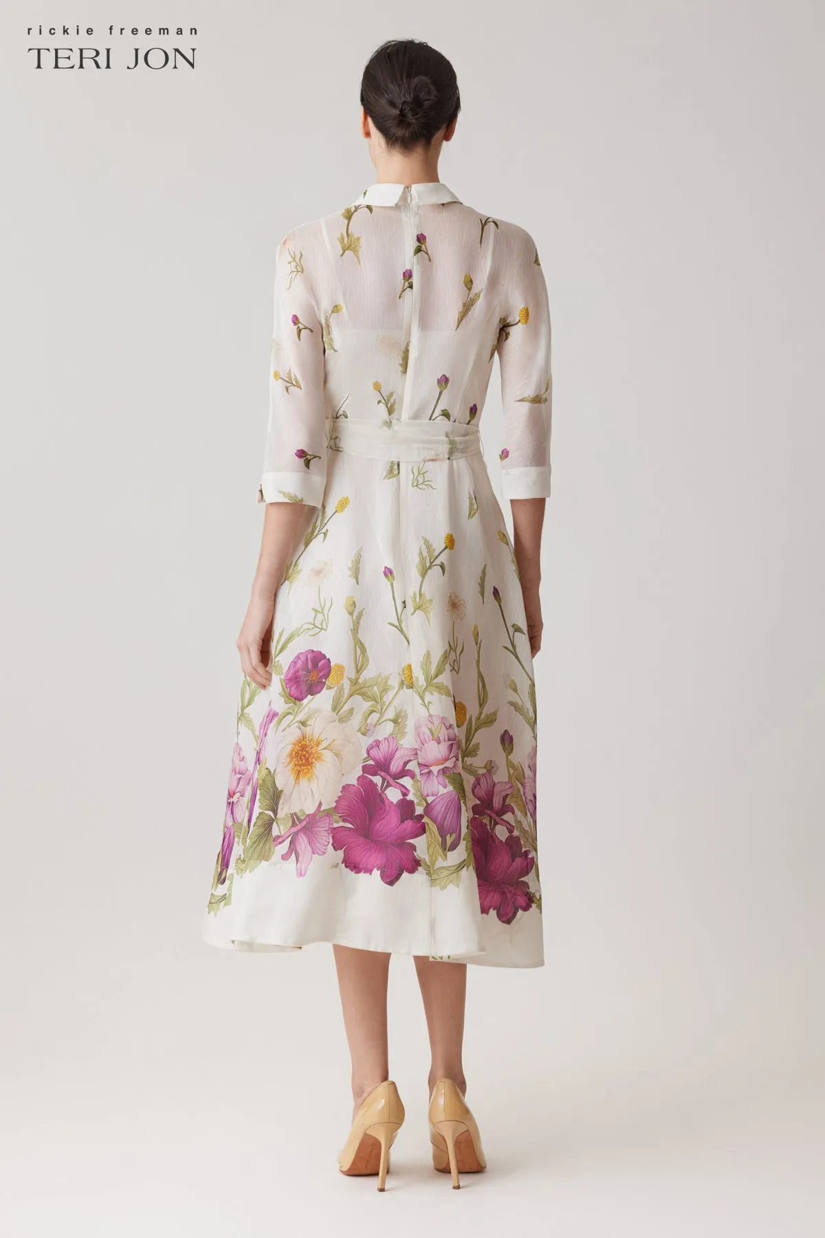 Silk-Linen Floral Border Print Shirtwaist Dress sold by Teri Jon product image thumbnail 5