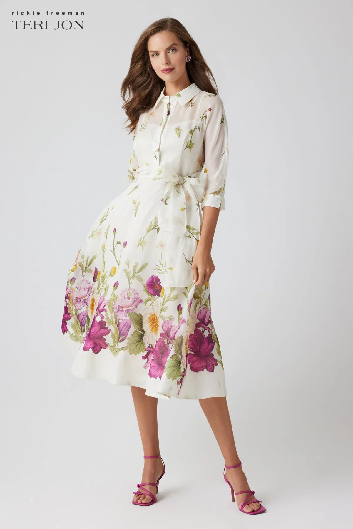 Silk-Linen Floral Border Print Shirtwaist Dress sold by Teri Jon product image thumbnail 3