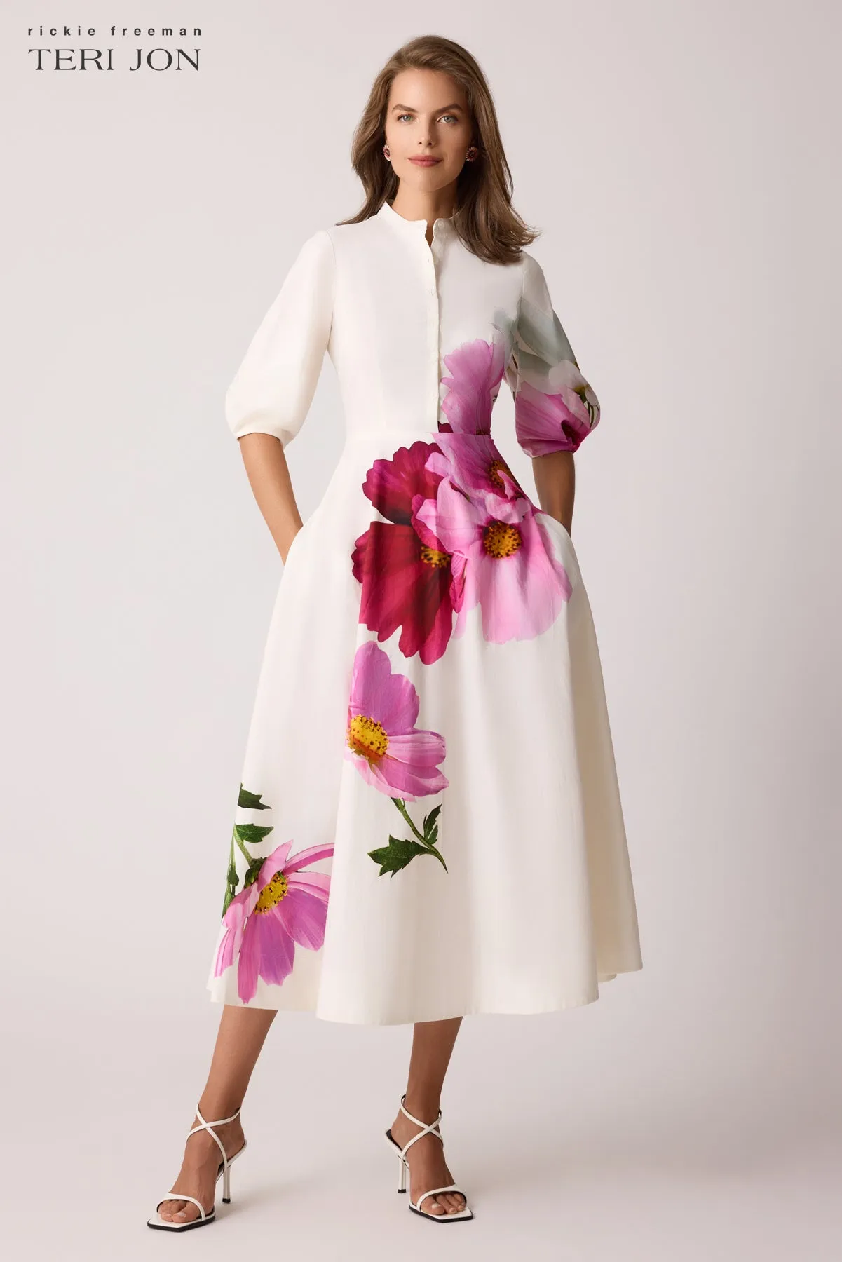 Cotton Mandarin Collar Midi Flower Shirt Dress sold by Teri Jon