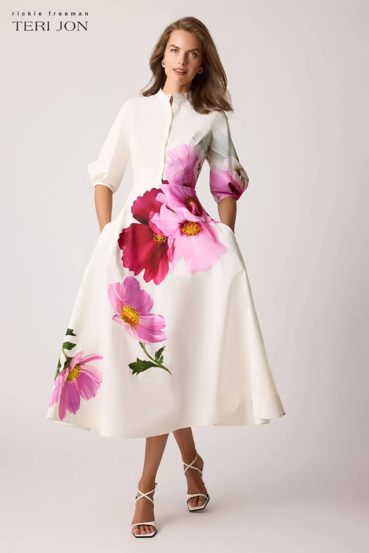 Cotton Mandarin Collar Midi Flower Shirt Dress sold by Teri Jon product image thumbnail 2
