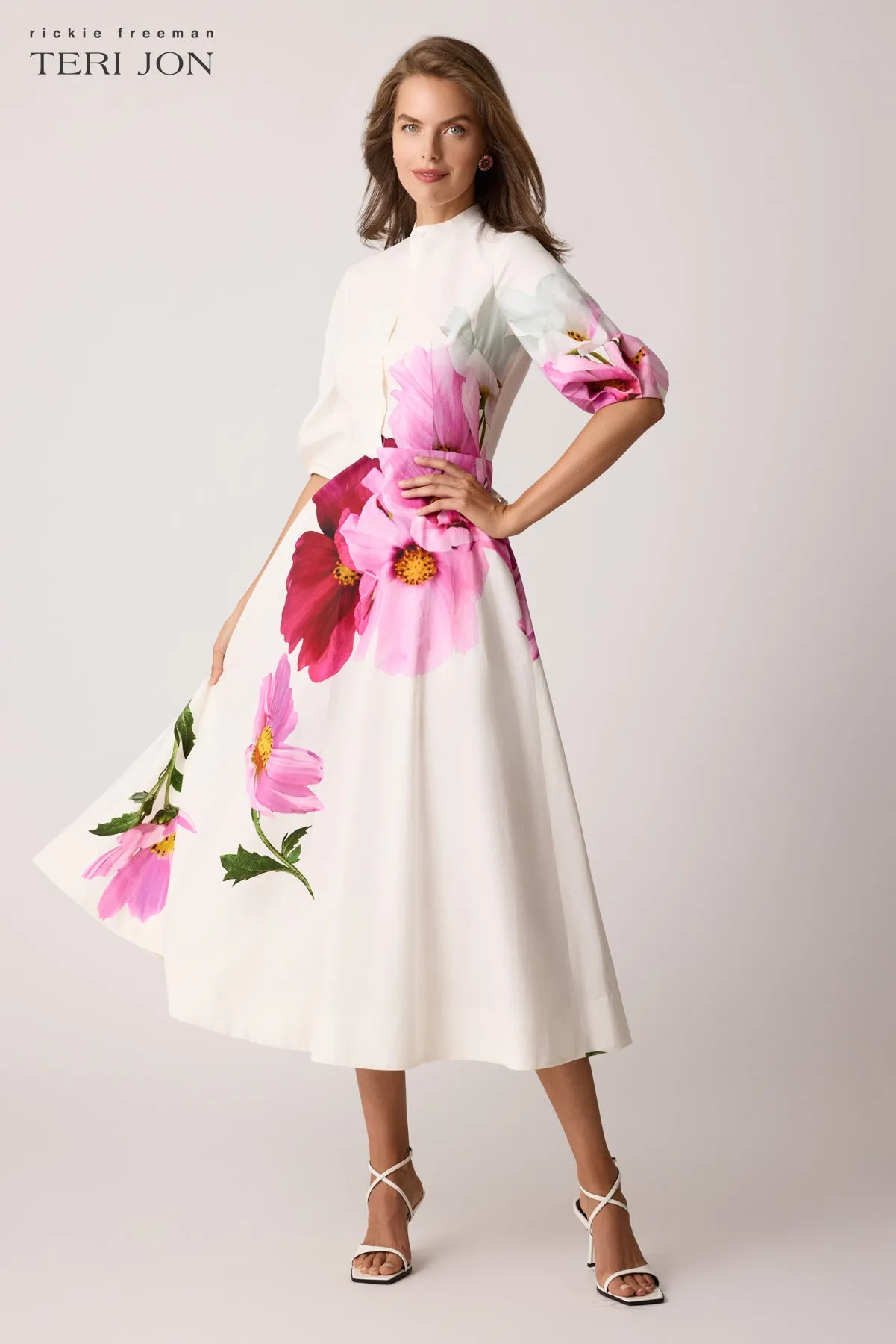 Cotton Mandarin Collar Midi Flower Shirt Dress sold by Teri Jon product image thumbnail 3