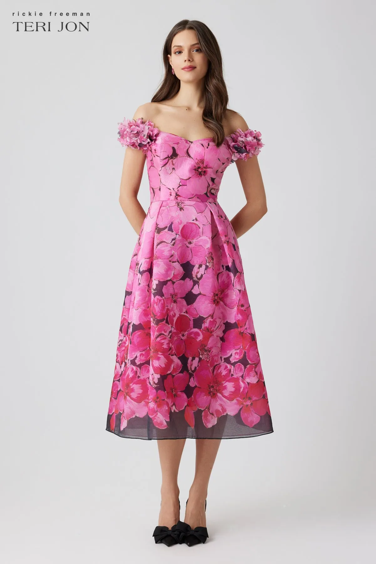 Print Organza with Petal Off The Shoulder Sleeve Dress sold by Teri Jon product image thumbnail 2