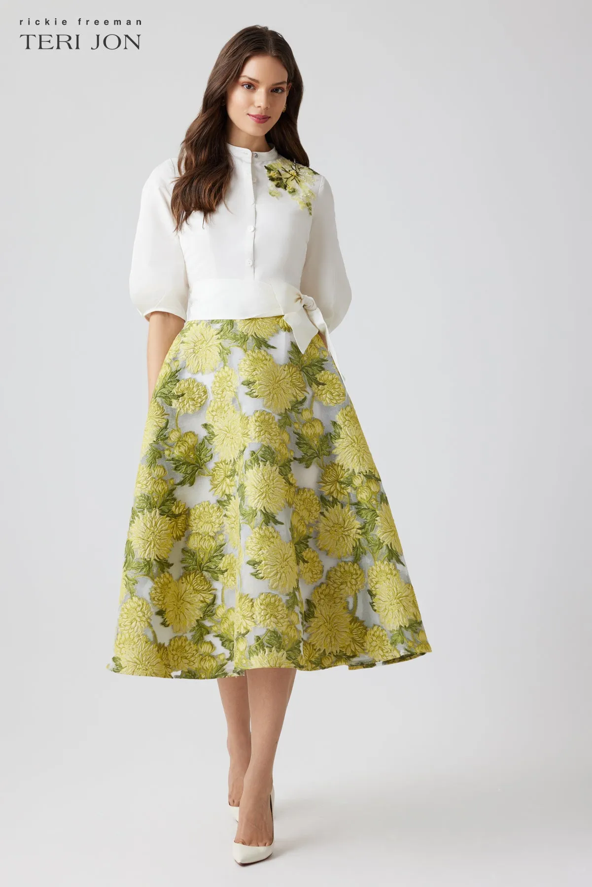 Mandarin Neck Floral Jacquard Dress sold by Teri Jon
