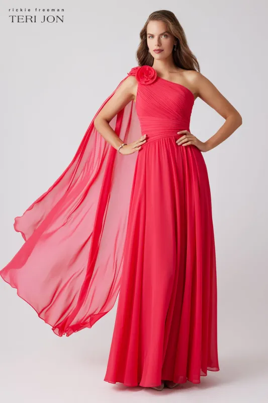 Pleated Chiffon Gown with Floral Shoulder sold by Teri Jon