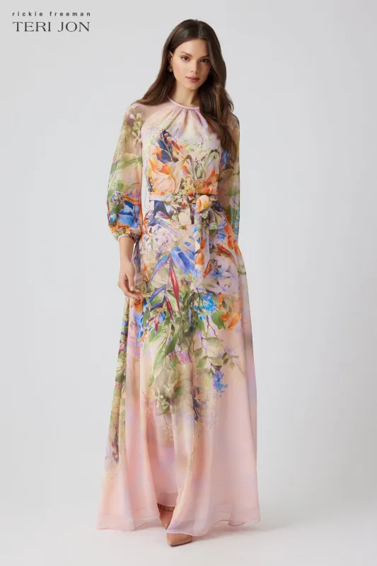 Floral Chiffon Maxi Gown with Long Sleeves sold by Teri Jon
