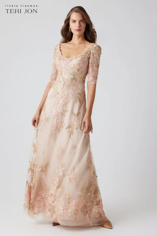 Beaded Tulle Floral Gown with Elbow Sleeves sold by Teri Jon