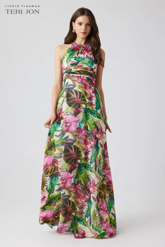 Chiffon Jungle Print Embellished Halter Gown sold by Teri Jon