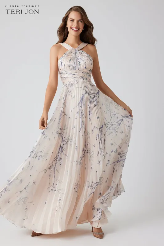 Chiffon Accordion Pleated Branch Print Halter Gown sold by Teri Jon
