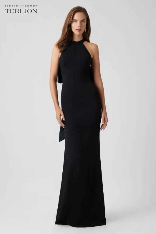 Black Halter Gown with Elegant Oversized Back Bow sold by Teri Jon