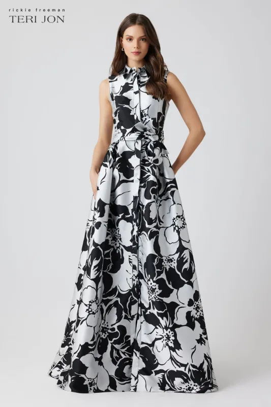 Sleeveless Black & White Floral A-Line Gown sold by Teri Jon