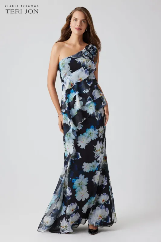 One-Shoulder Floral Ruffle Gown with Rosette Detail sold by Teri Jon