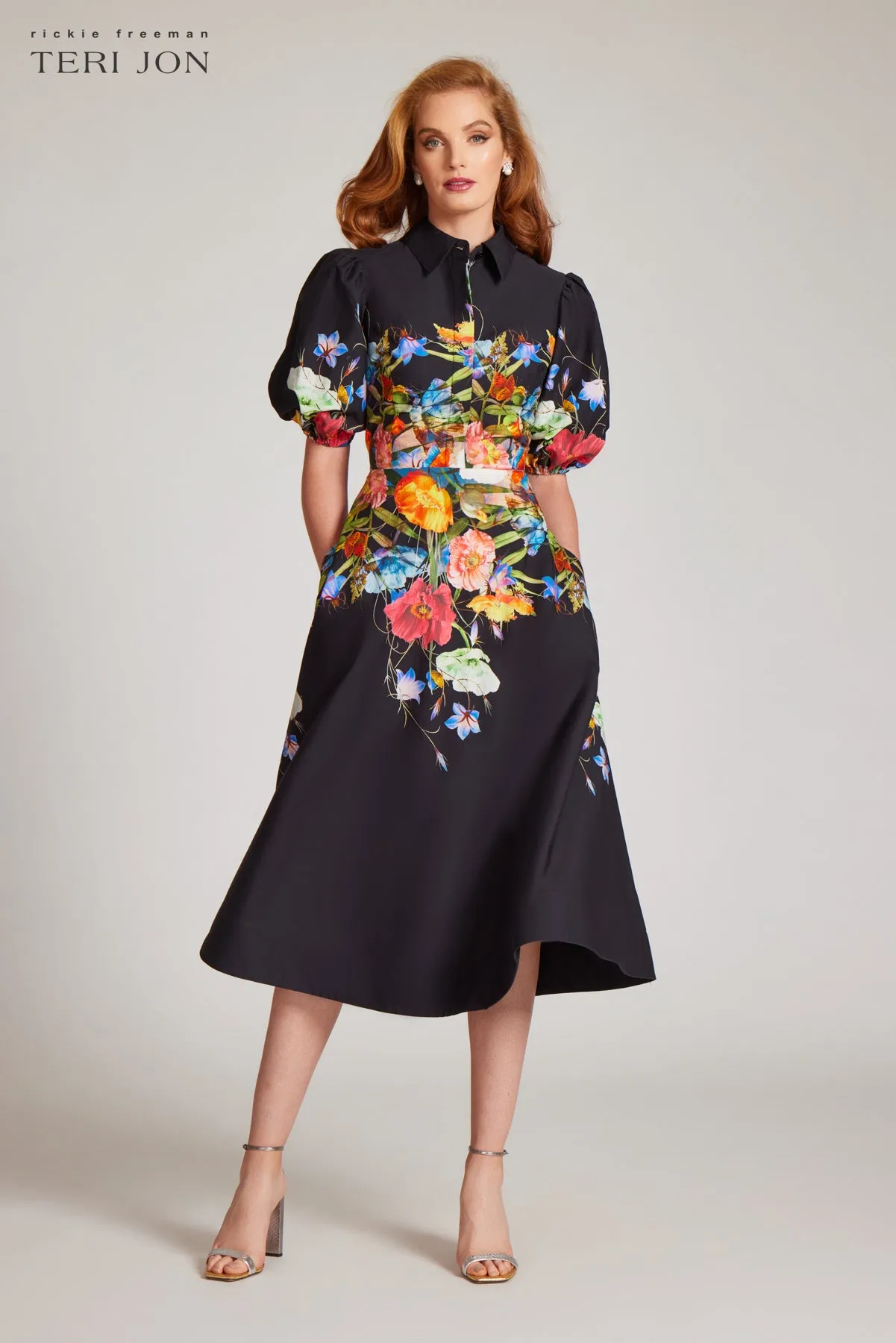 Cotton Shirt Dress With Puff Sleeves sold by Teri Jon product image thumbnail 4