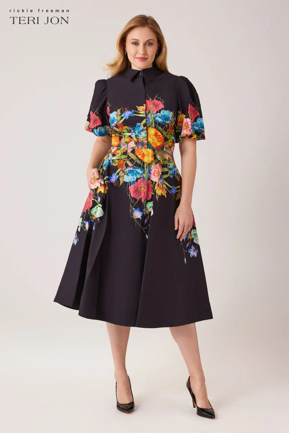 Cotton Shirt Dress With Puff Sleeves sold by Teri Jon product image thumbnail 2