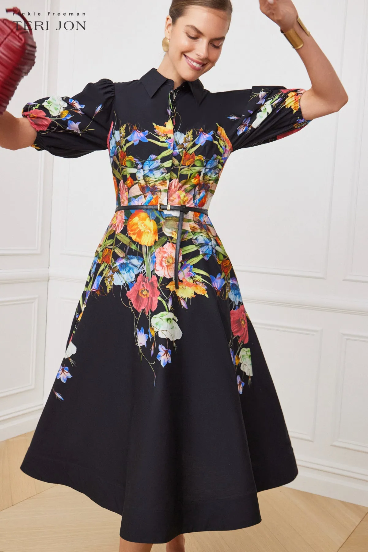 Cotton Shirt Dress With Puff Sleeves sold by Teri Jon product image thumbnail 3