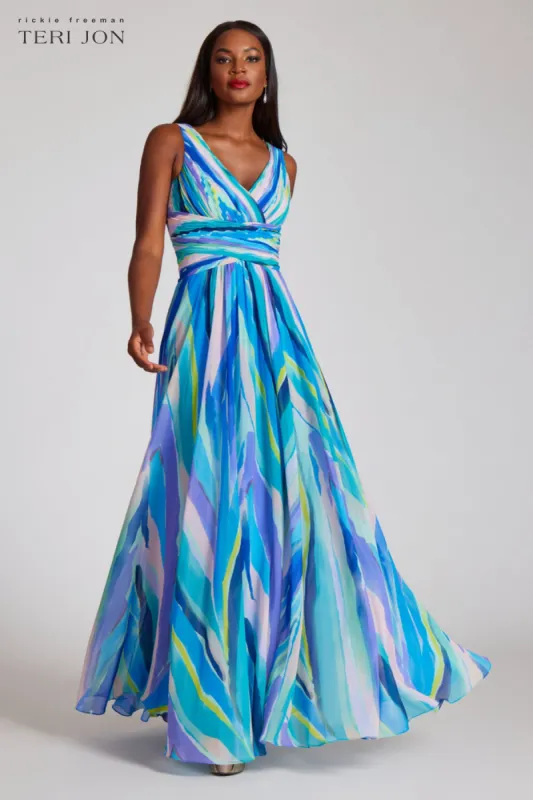 Sleeveless V-Neck Draped Bodice Chiffon Gown sold by Teri Jon