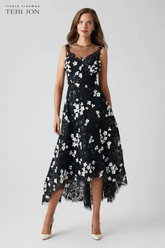 Tulle Beaded 3D Flower High Low Hem Dress sold by Teri Jon