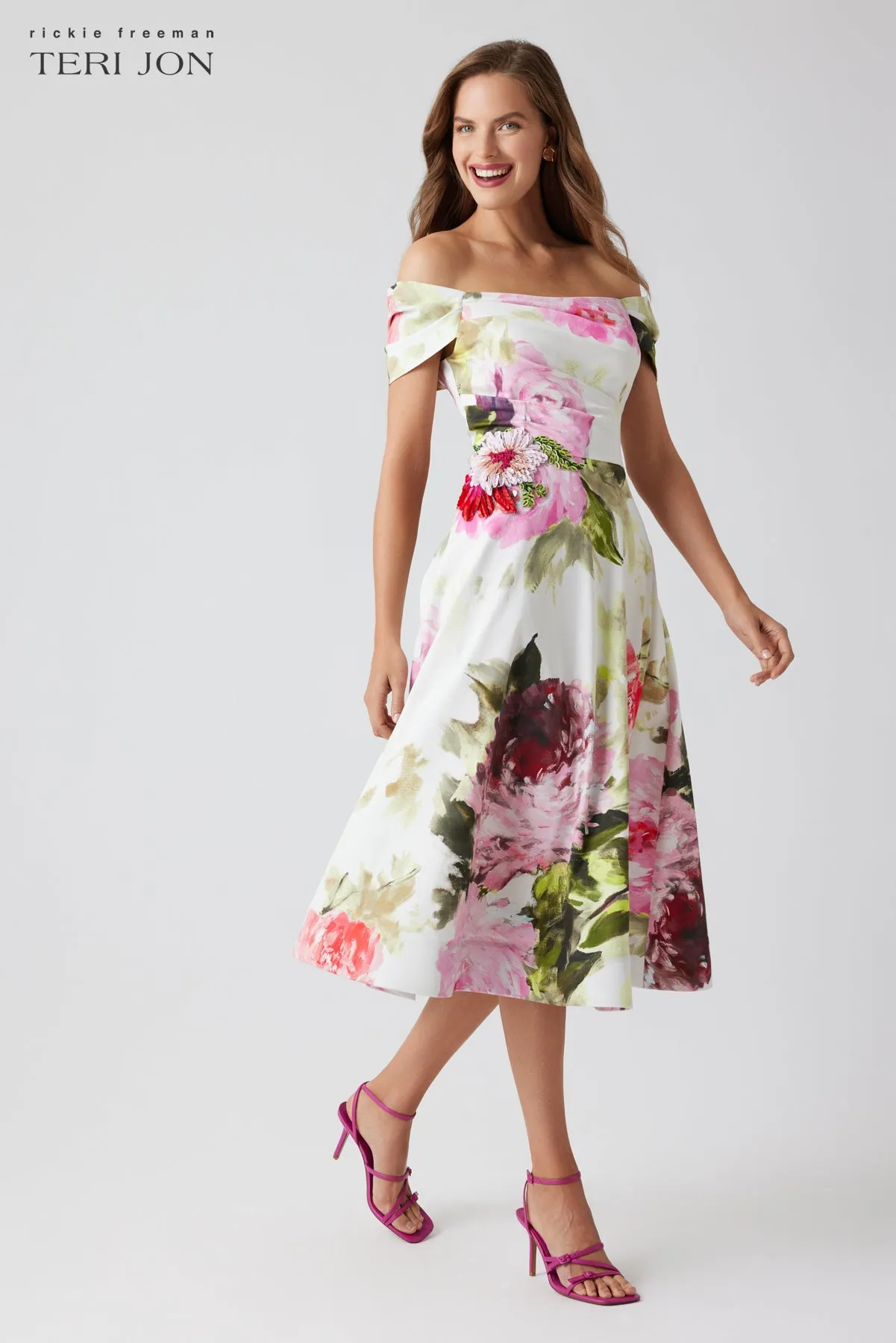 Off-Shoulder Cotton Dress with Beaded Flower Waist sold by Teri Jon product image thumbnail 2