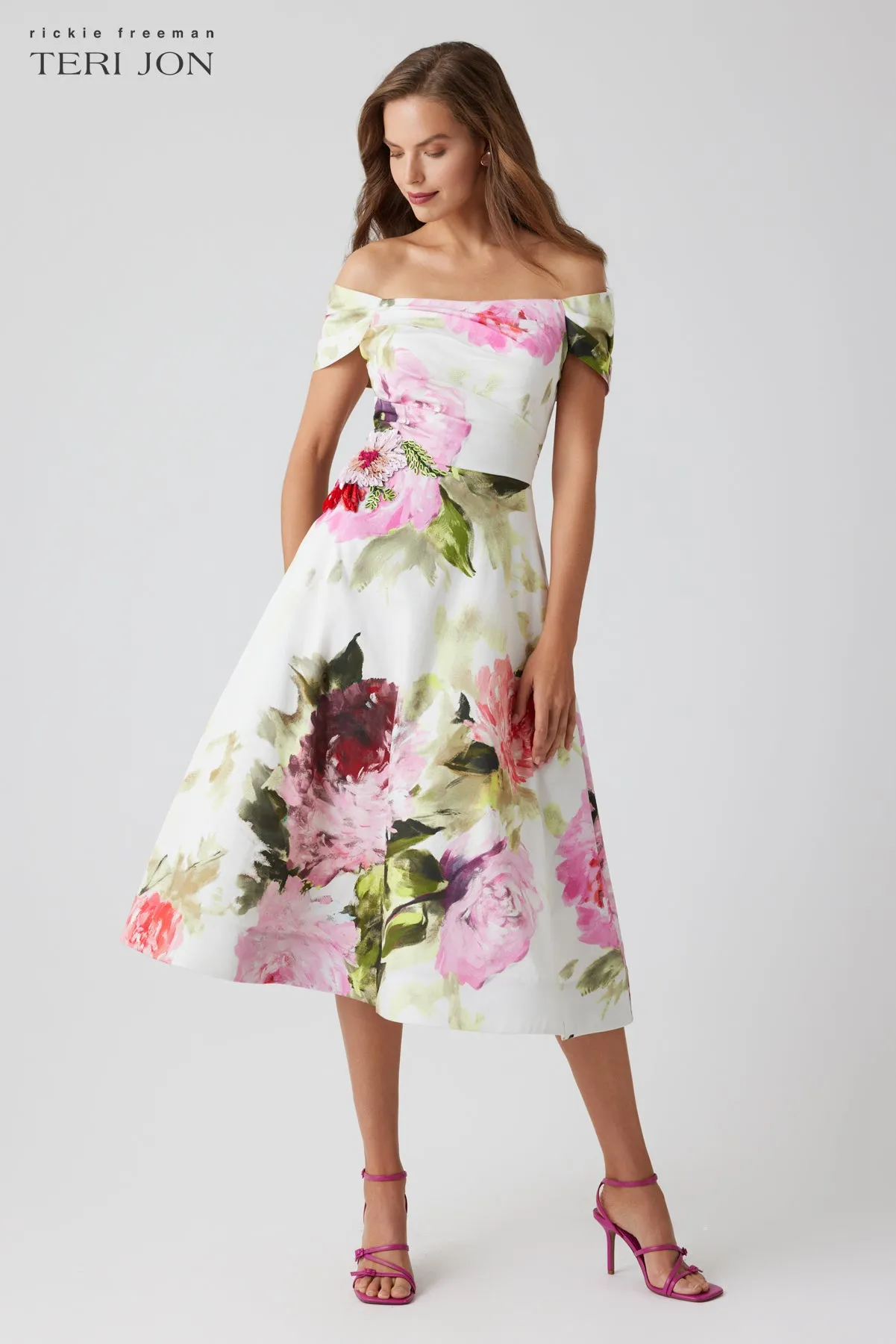 Off-Shoulder Cotton Dress with Beaded Flower Waist sold by Teri Jon product image thumbnail 3