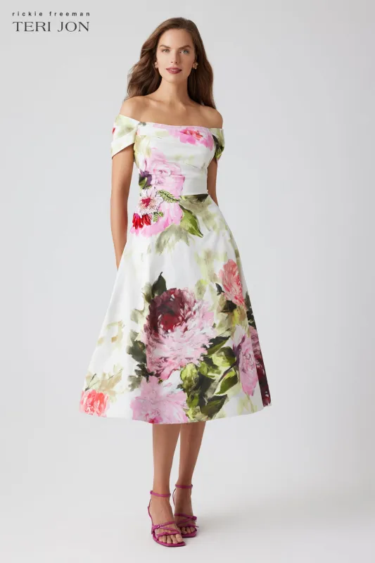 Off-Shoulder Cotton Dress with Beaded Flower Waist sold by Teri Jon