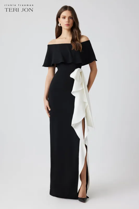 Crepe Off-the-Shoulder Flounce With Bow Trim Gown sold by Teri Jon