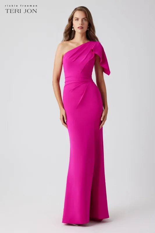 Stretch Crepe One-Shoulder Flounce Sleeve Side Drape Gown sold by Teri Jon