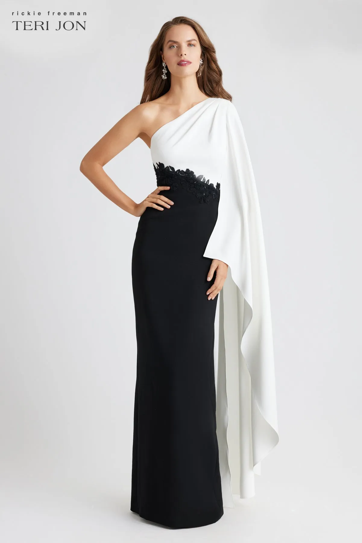 Crepe One Shoulder Drape Sleeve Gown sold by Teri Jon product image thumbnail 3
