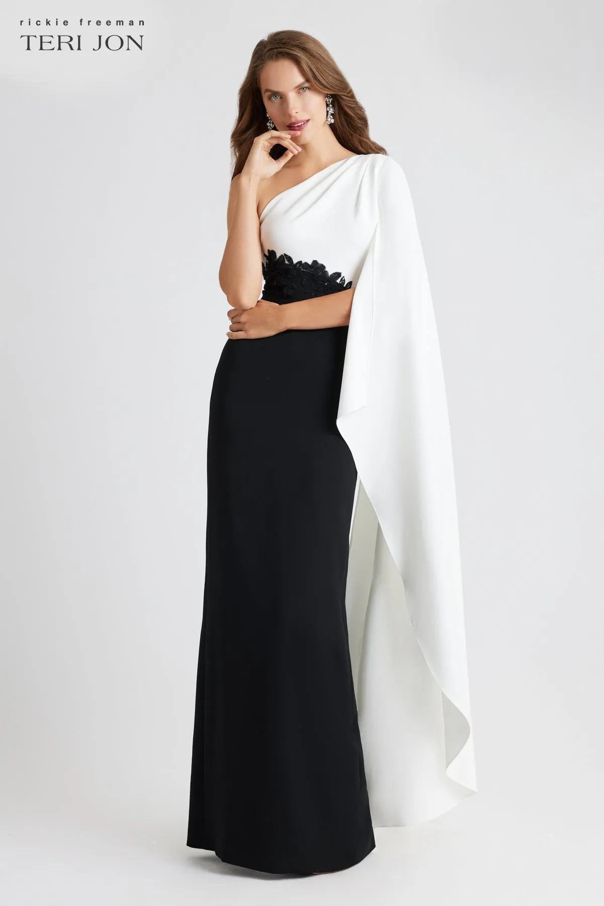Crepe One Shoulder Drape Sleeve Gown sold by Teri Jon product image thumbnail 4