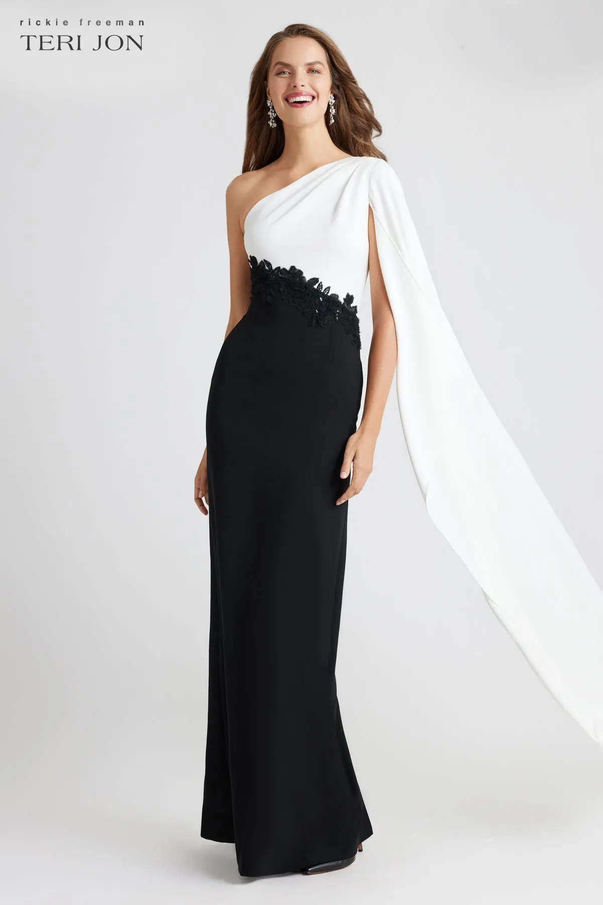 Crepe One Shoulder Drape Sleeve Gown sold by Teri Jon product image thumbnail 5