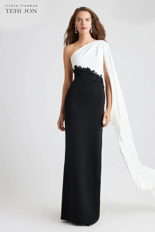 Crepe One Shoulder Drape Sleeve Gown sold by Teri Jon