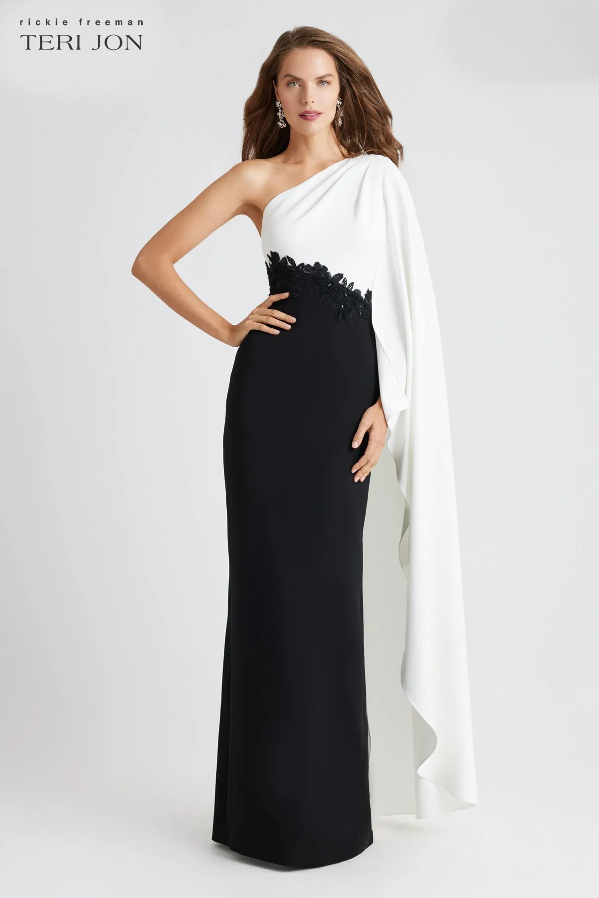 Crepe One Shoulder Drape Sleeve Gown sold by Teri Jon product image thumbnail 2