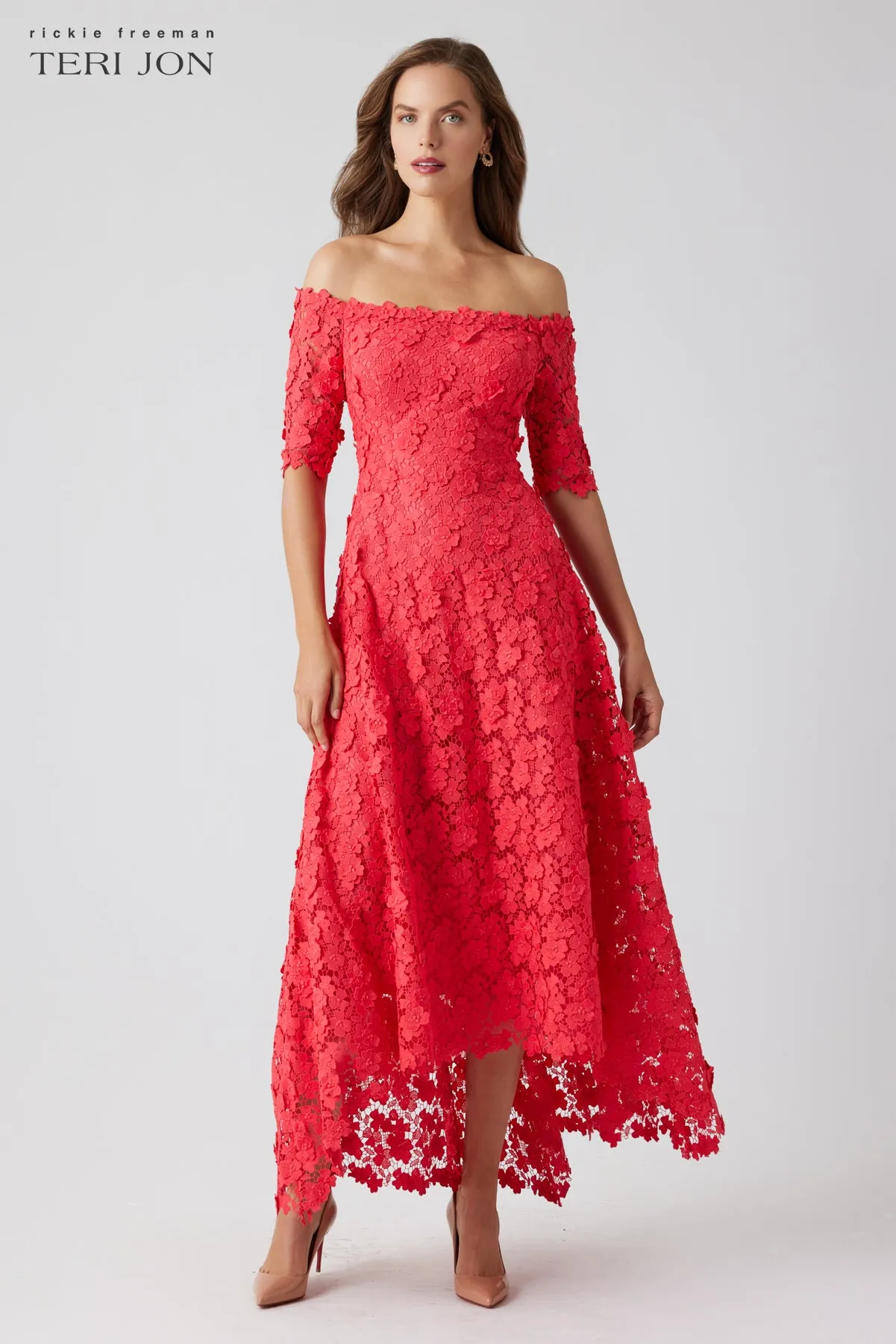 Lace Off The Shoulder High Low Dress sold by Teri Jon