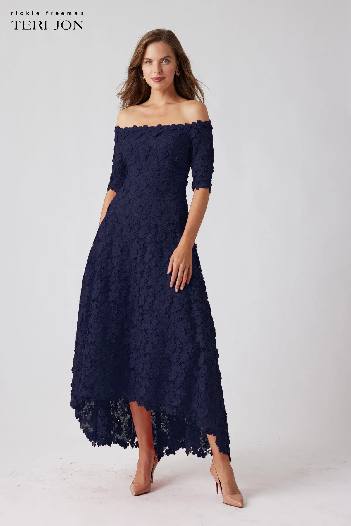 Lace Off The Shoulder High Low Dress sold by Teri Jon product image thumbnail 5
