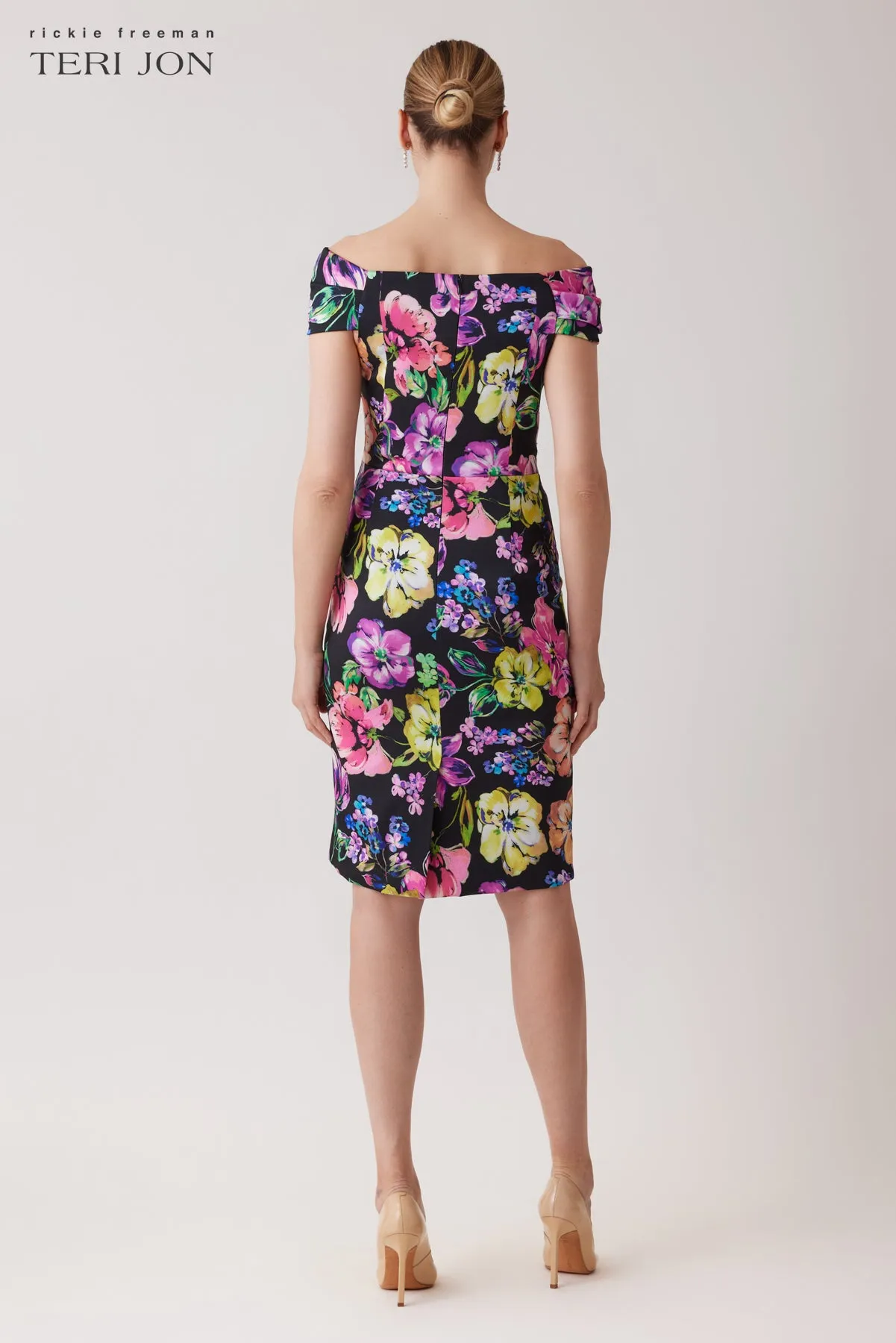 Stretch Gazar Asymmetrical Ruched Floral Dress sold by Teri Jon product image thumbnail 3