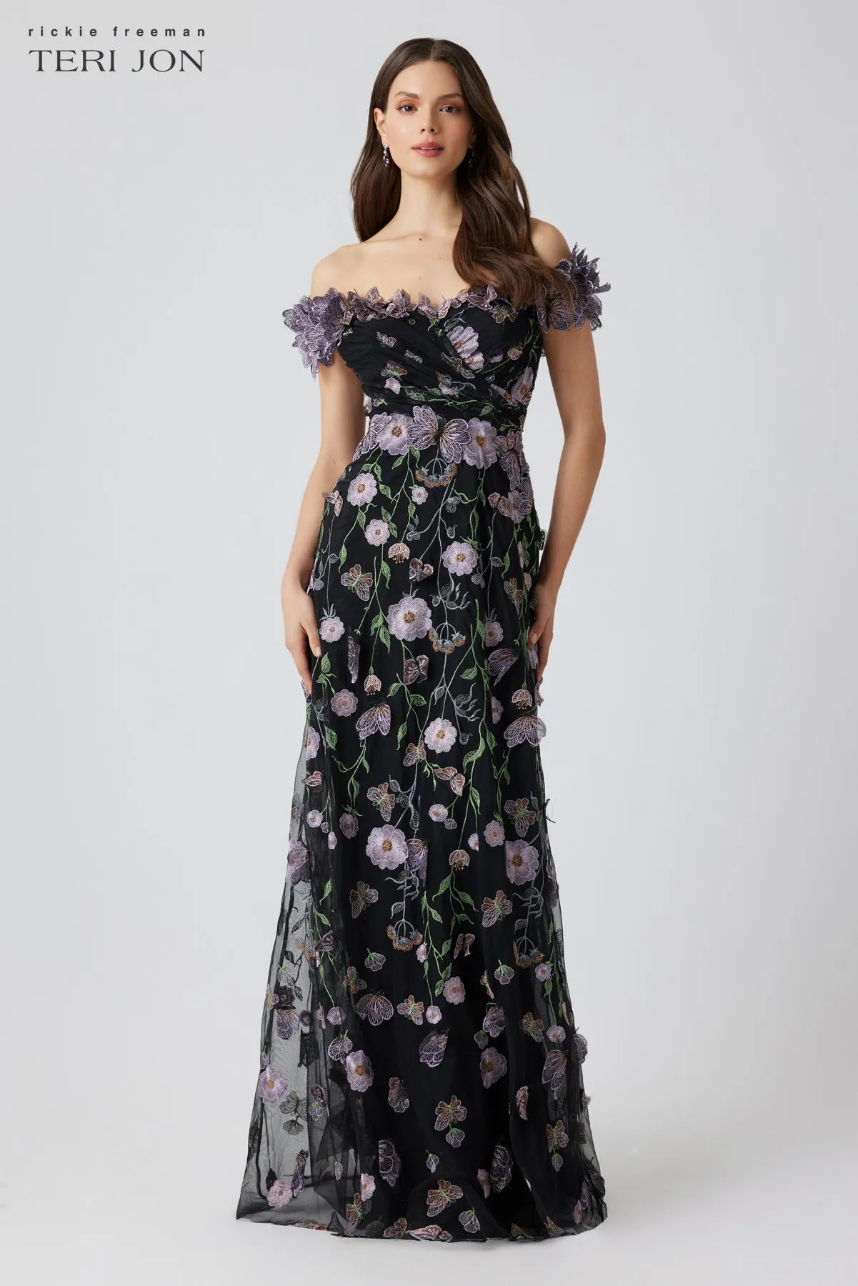 Tulle 3D Metallic Embroidered Off Shoulder Gown sold by Teri Jon