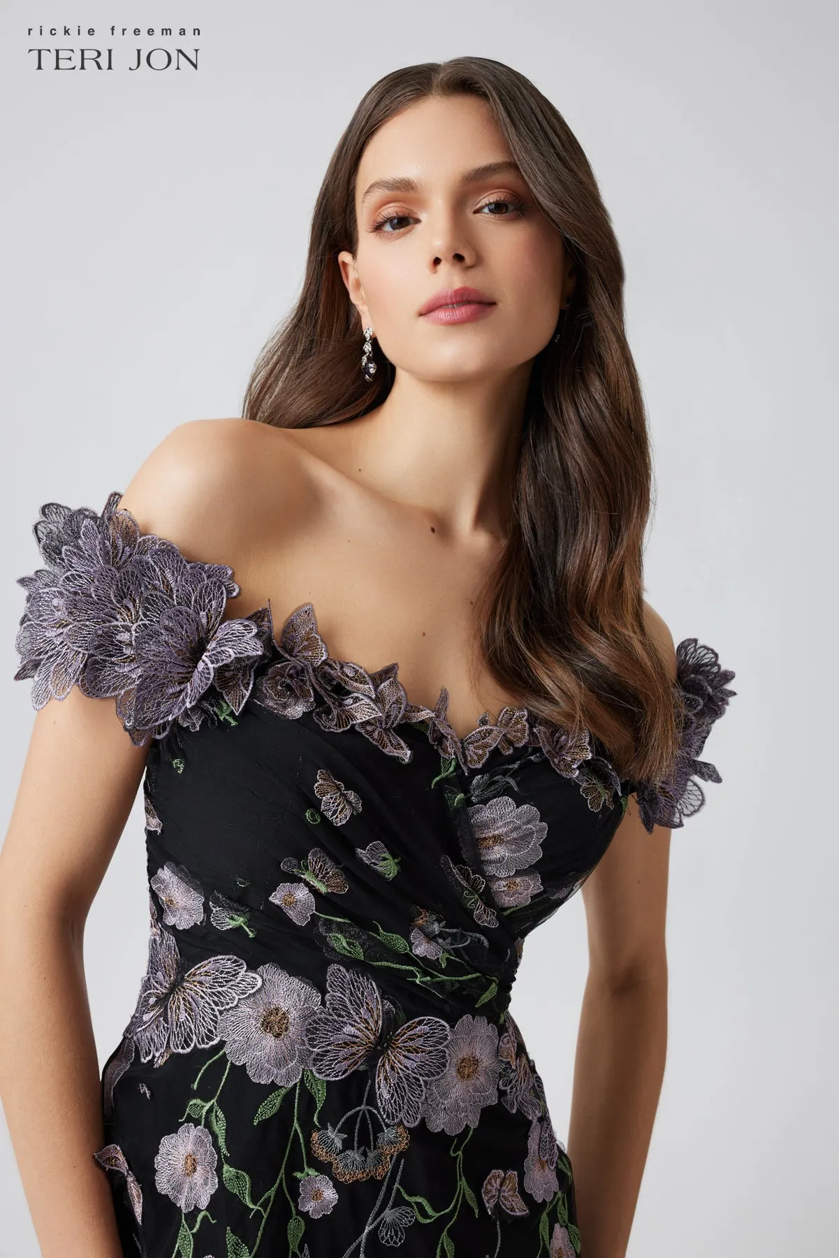 Tulle 3D Metallic Embroidered Off Shoulder Gown sold by Teri Jon product image thumbnail 5
