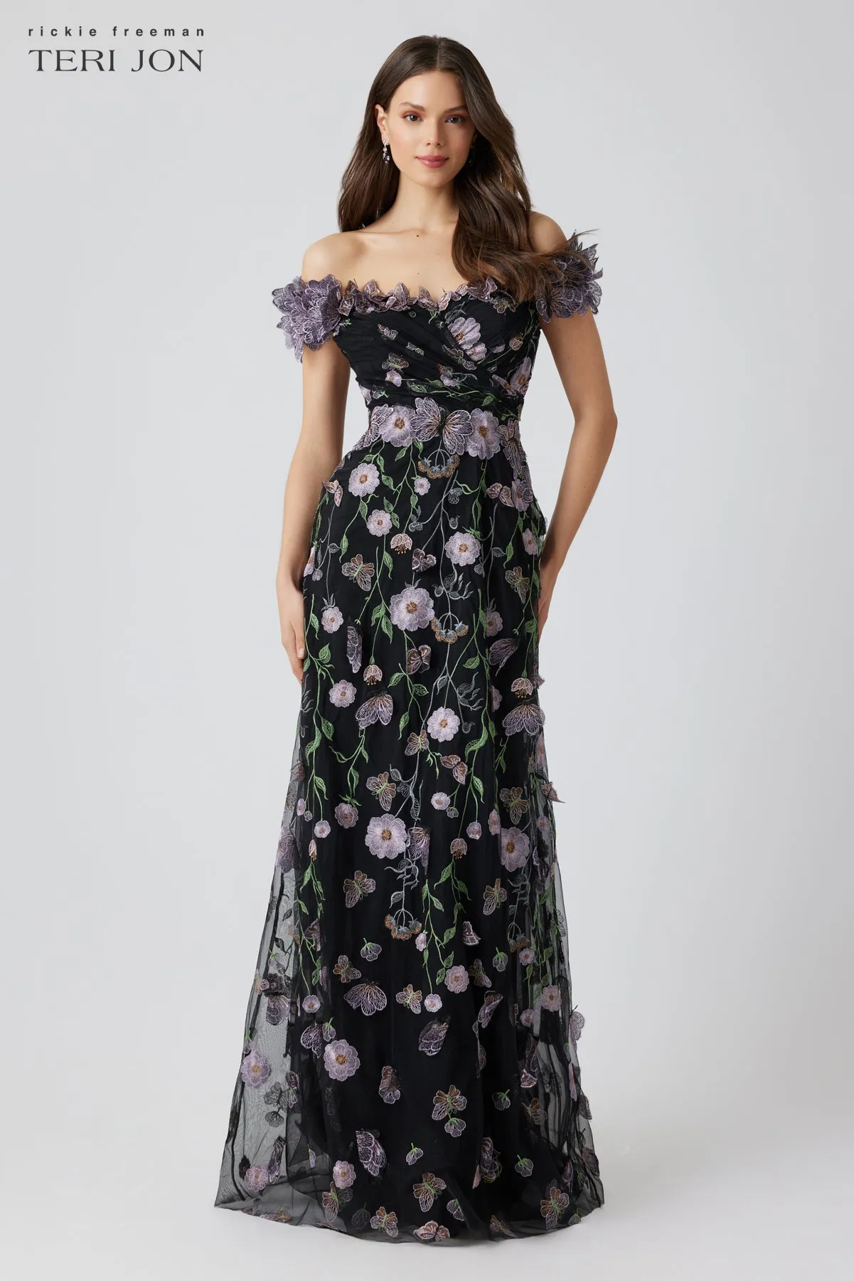 Tulle 3D Metallic Embroidered Off Shoulder Gown sold by Teri Jon product image thumbnail 3