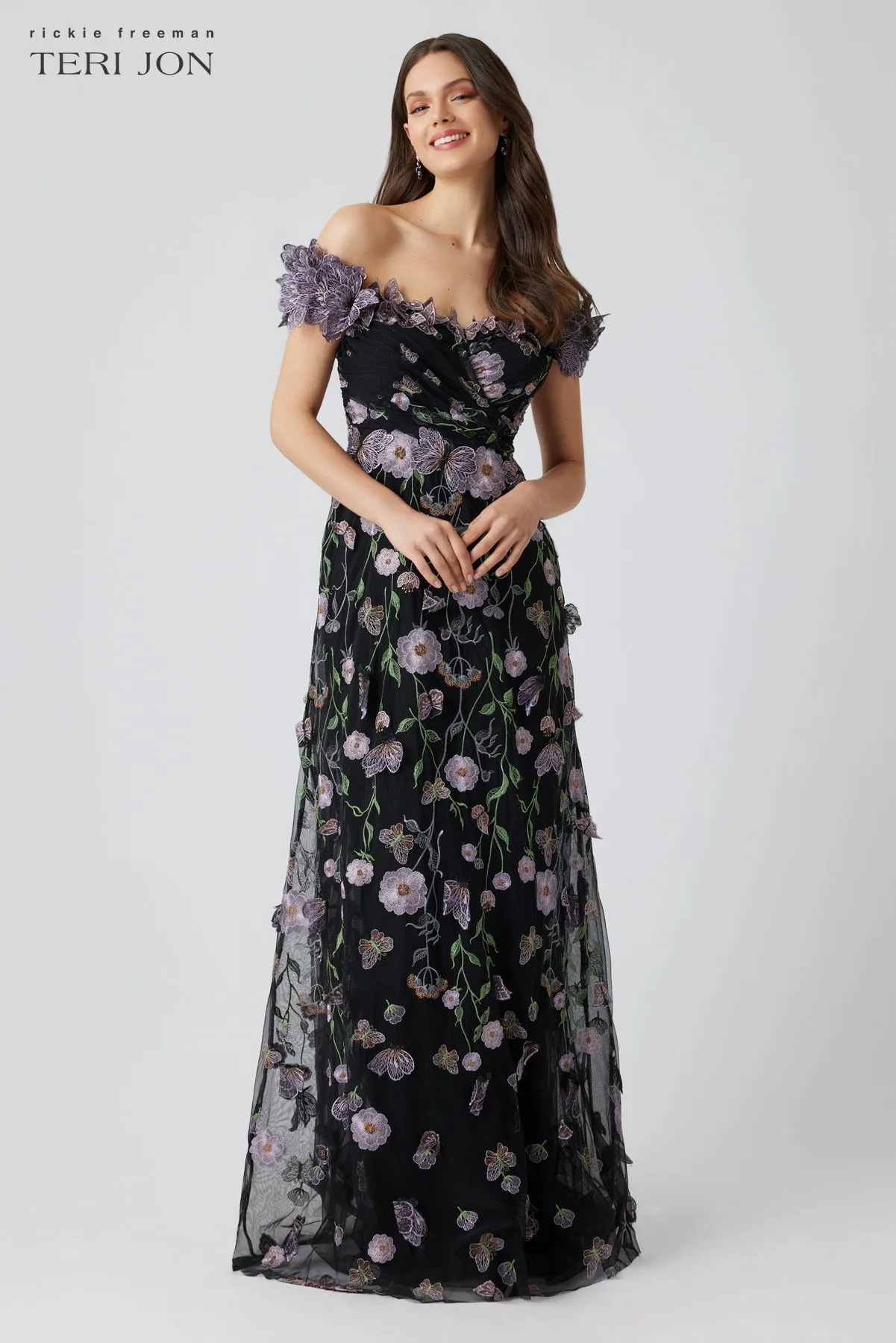 Tulle 3D Metallic Embroidered Off Shoulder Gown sold by Teri Jon product image thumbnail 2