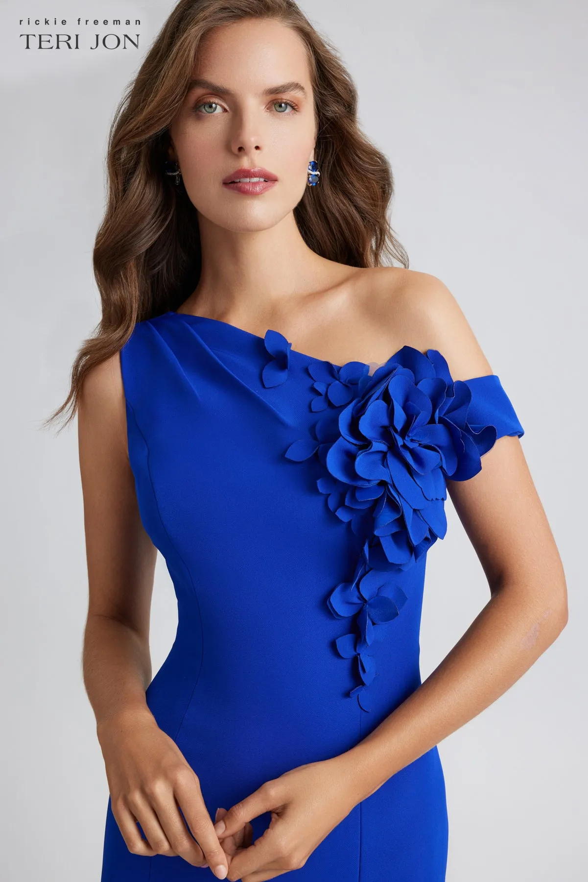 Stretch Crepe One-Shoulder 3D Flower Trim Gown sold by Teri Jon product image thumbnail 3