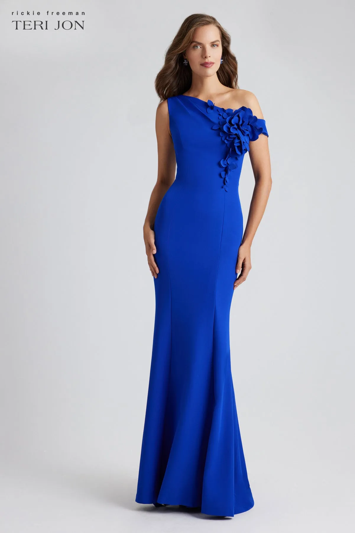 Stretch Crepe One-Shoulder 3D Flower Trim Gown sold by Teri Jon