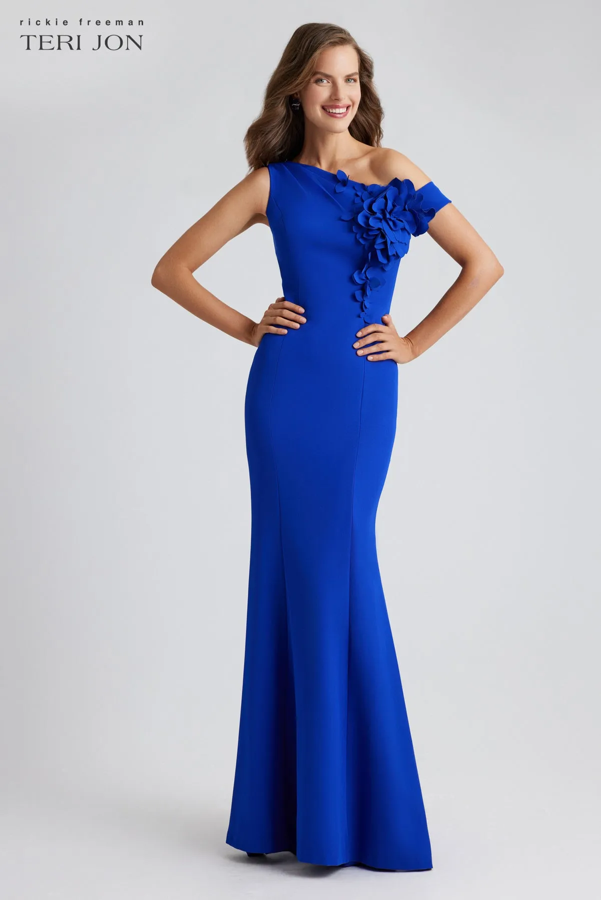 Stretch Crepe One-Shoulder 3D Flower Trim Gown sold by Teri Jon product image thumbnail 4