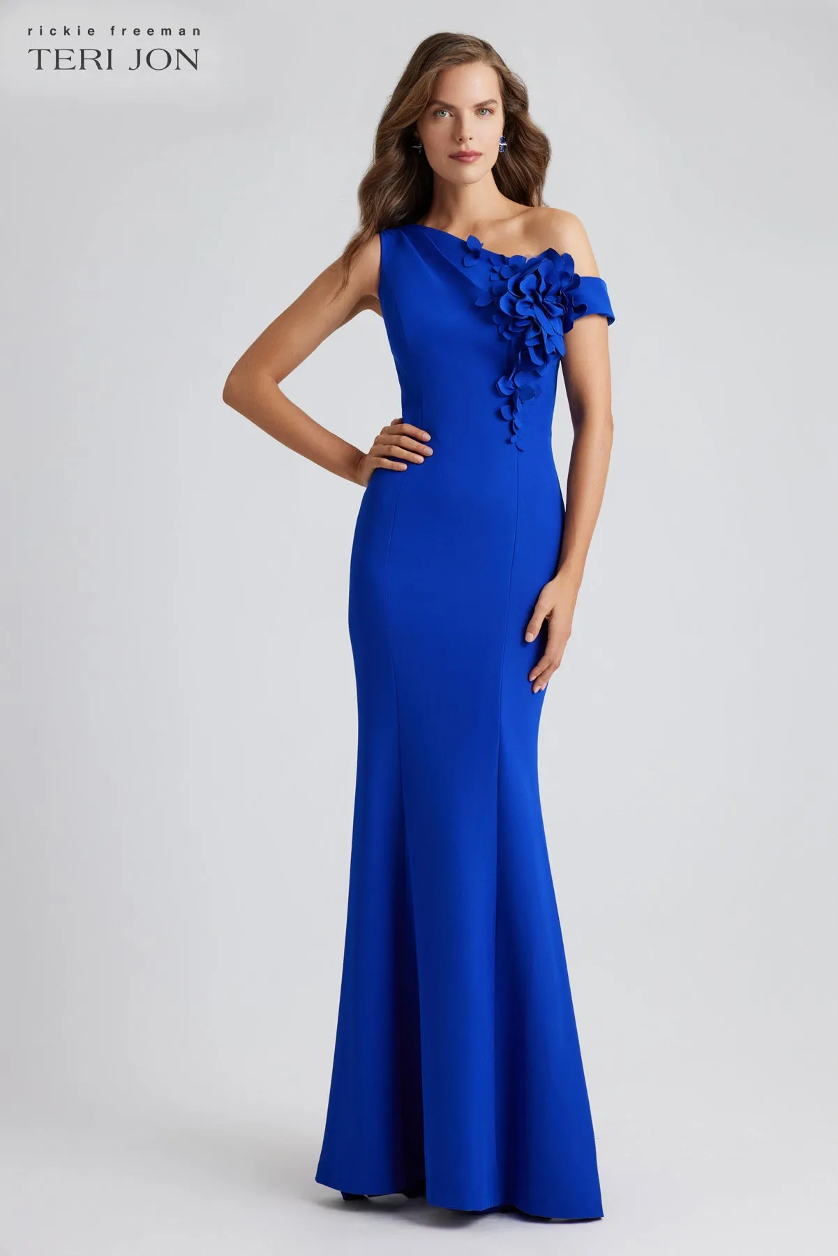 Stretch Crepe One-Shoulder 3D Flower Trim Gown sold by Teri Jon product image thumbnail 2