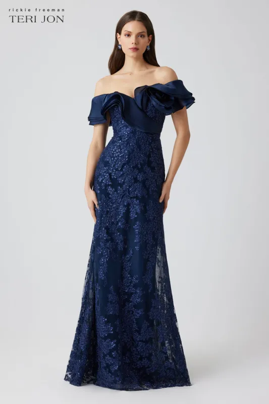 Organza Off-the-Shoulder Sequin Embroidered Tulle Gown sold by Teri Jon
