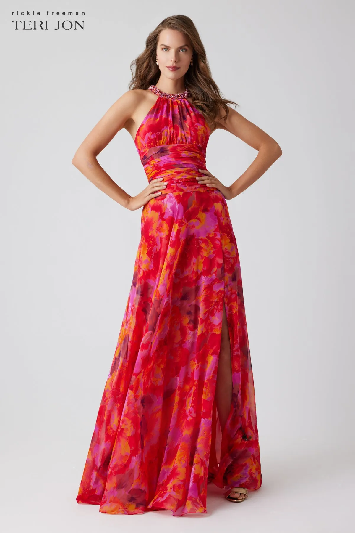Print Chiffon Beaded Halter Maxi Gown sold by Teri Jon product image thumbnail 2