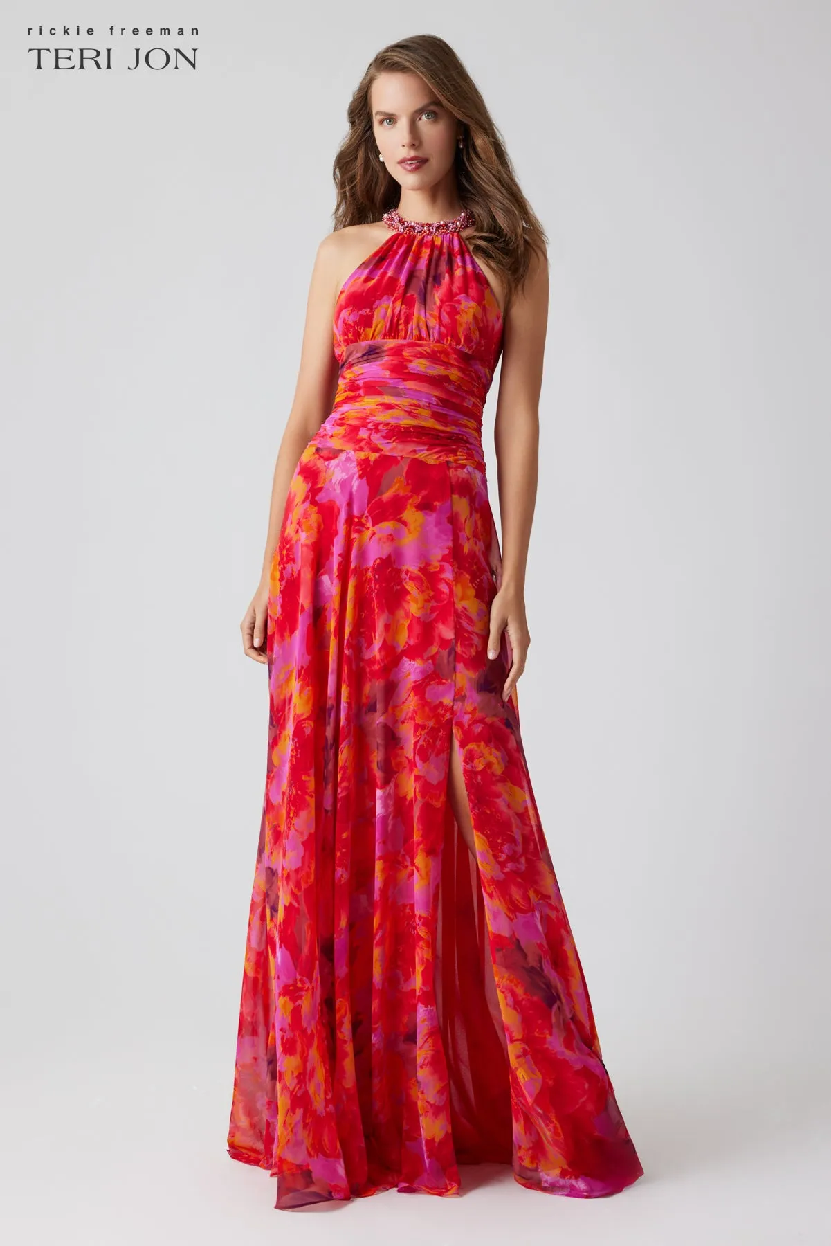 Print Chiffon Beaded Halter Maxi Gown sold by Teri Jon