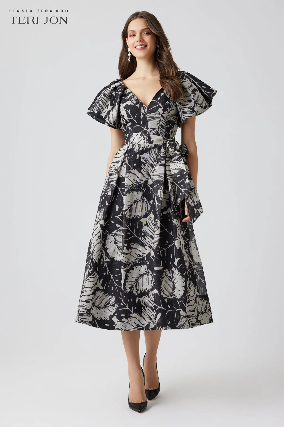 Linen V Neck Puff Sleeve Dress sold by Teri Jon