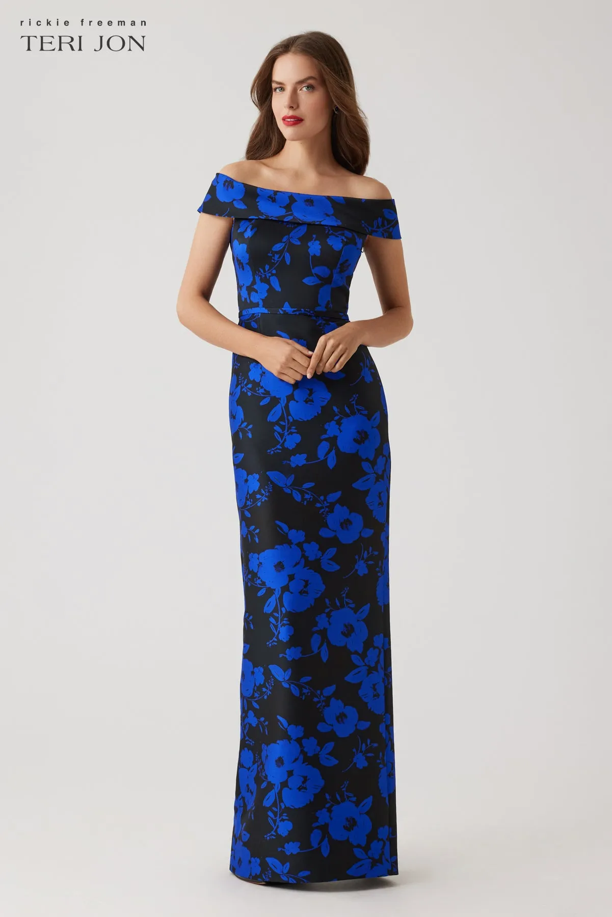Stretch Mikado Floral Off The Shoulder Gown sold by Teri Jon